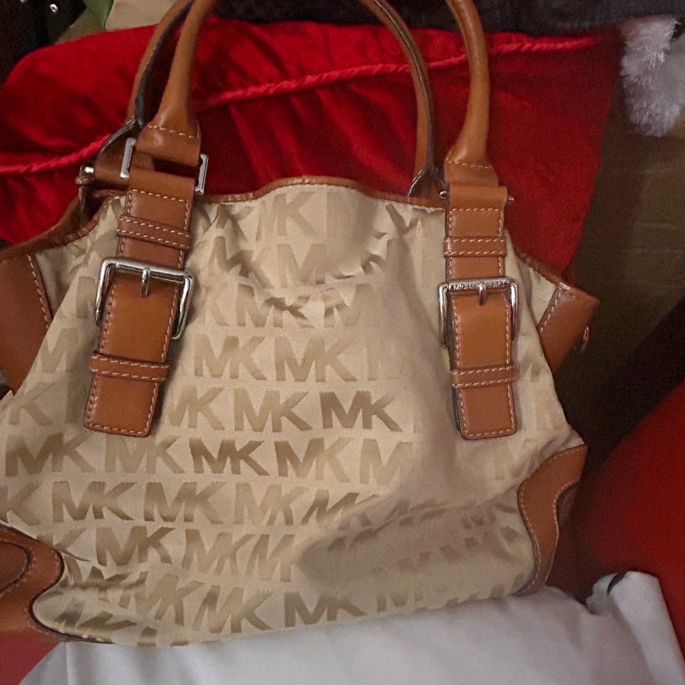 Michael Kors Beige and Tan MK Logo Satchel